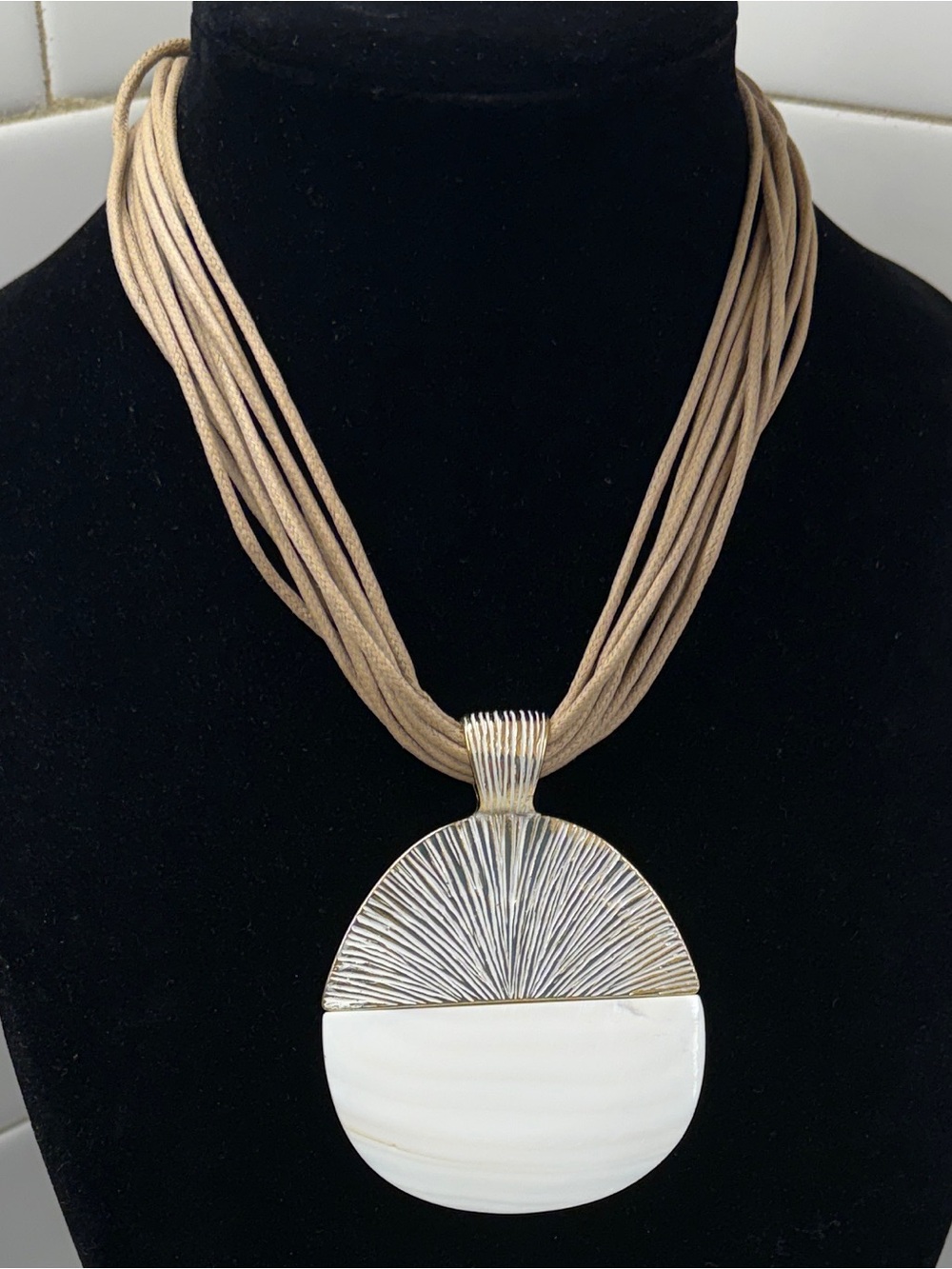 Abella Taupe Multi-Strand Cord Necklace with Silver and White Disc Pendant